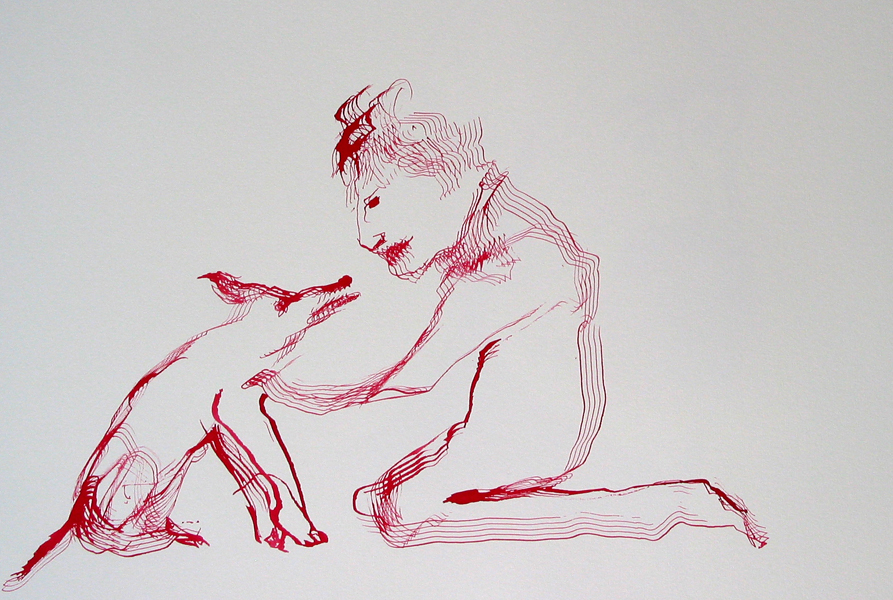 Hockende Alte mit nettem Hund, 2009 mit Notenfeder, rote Tinte, A3