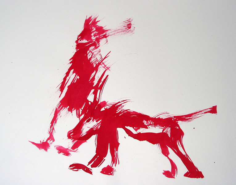 Schreitende mit großem Hund 2008,rote Tinte